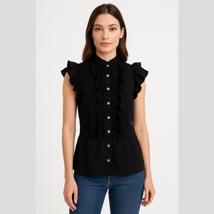 3/$10 Poetry Black Button Down Ruffled Top
